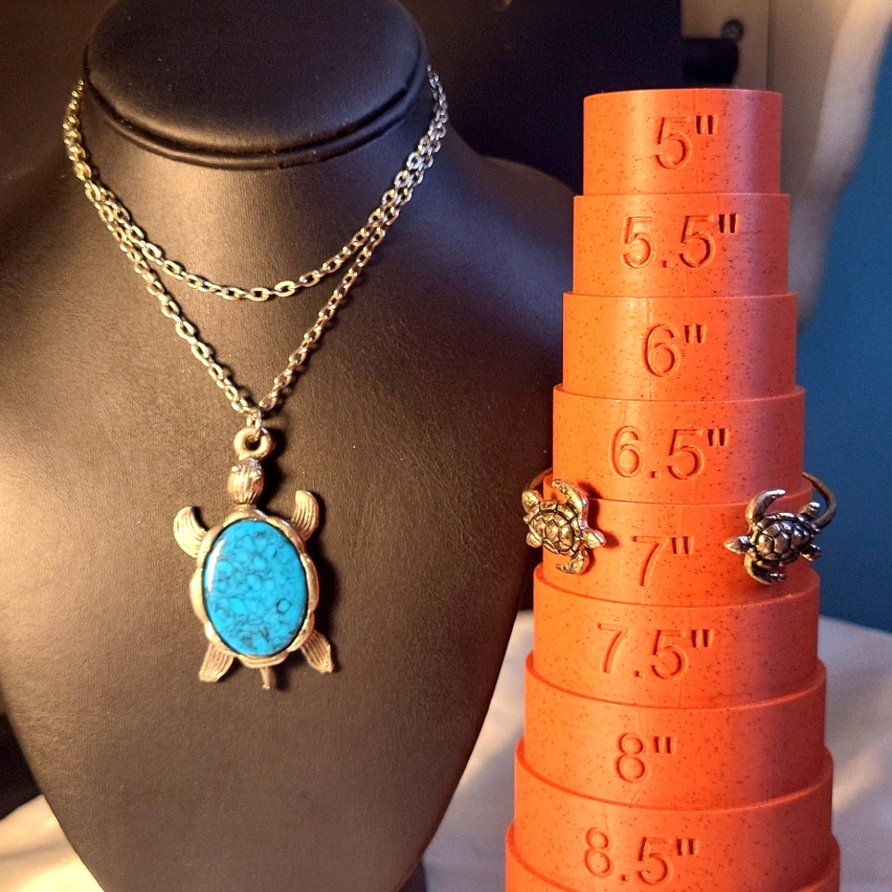 129. Faux Turquoise Turtle Silvertone Necklace 24" with Turtle Cuff Bracelet